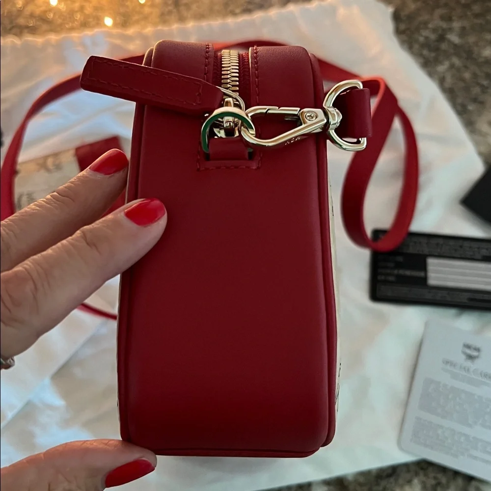 MCM Red and Cream Logo Crossbody Bag & Matching Card Holder